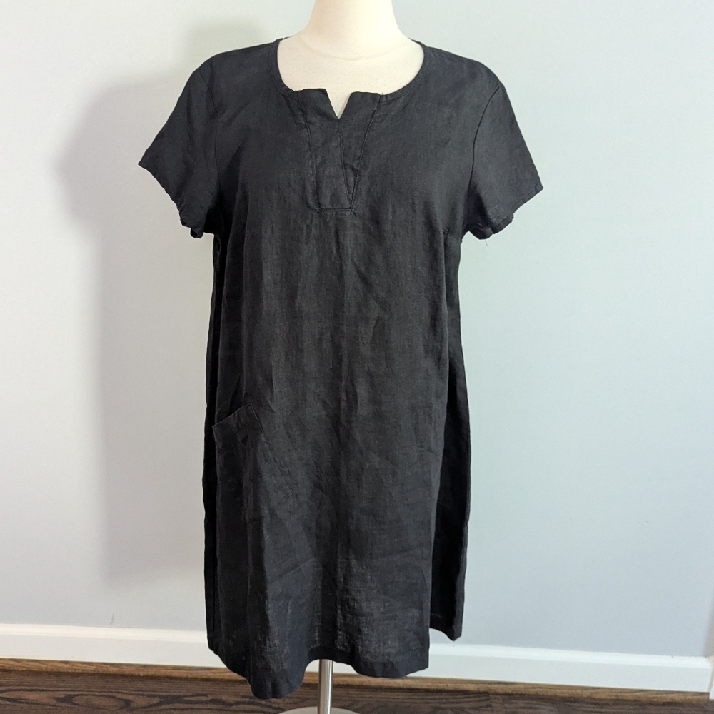 Women's FLAX Black Linen Notch Dress Small With Pockets